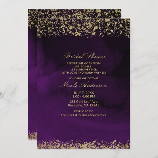 Moderne Waterverf Moody Paarse Goud Vrijgezellenfe Kaart (Voorkant / Achterkant)