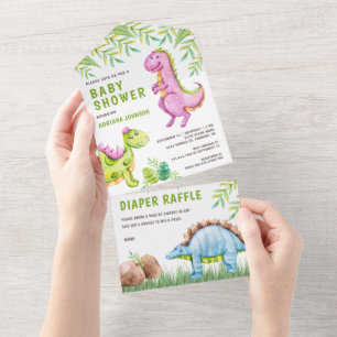 Moderne Waterverf Mooie Dinosaurussen Baby Shower All In One Uitnodiging