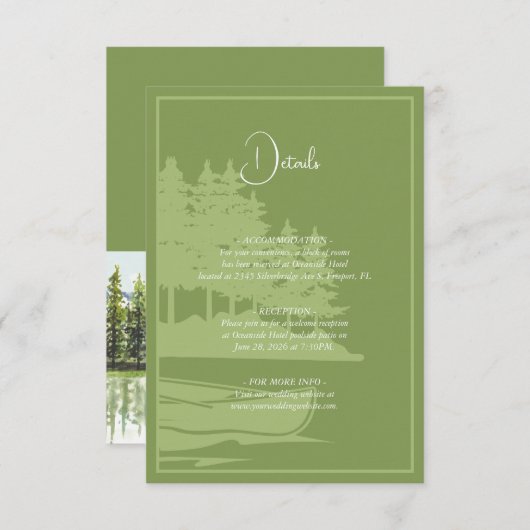Moderne Waterverf Mountain Lake bruiloft details Informatiekaartje (Voorkant / Achterkant)