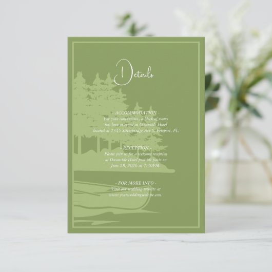 Moderne Waterverf Mountain Lake bruiloft details Informatiekaartje (Staand voorkant)