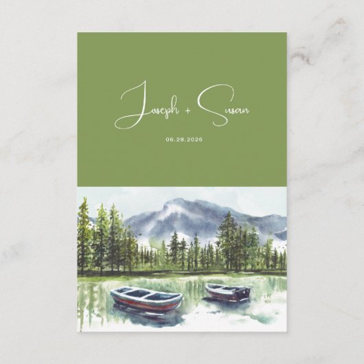 Moderne Waterverf Mountain Lake bruiloft details Informatiekaartje (Achterkant)
