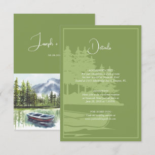 Moderne Waterverf Mountain Lake bruiloft details Informatiekaartje