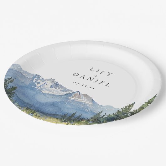 Moderne Waterverf Mountain Wildflower bruiloft Papieren Bordje (Gekanteld)