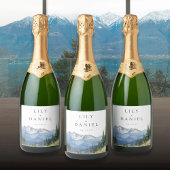 Moderne Waterverf Mountain Wildflower bruiloft Sparkling Wijnetiket