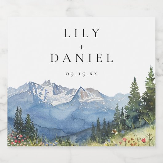 Moderne Waterverf Mountain Wildflower bruiloft Sparkling Wijnetiket (Enkel label)