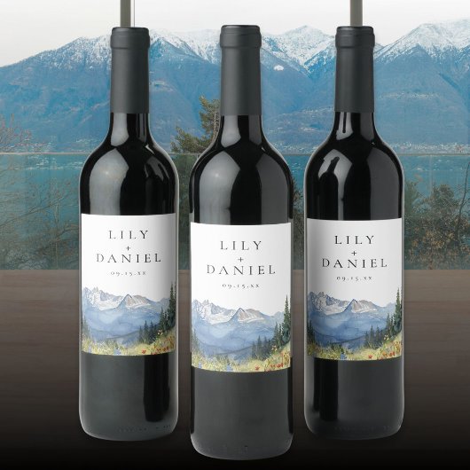 Moderne Waterverf Mountain Wildflower bruiloft Wijn Etiket