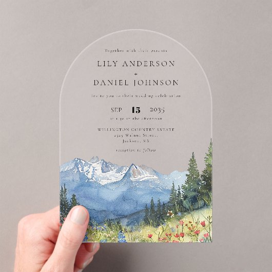 Moderne Waterverf Mountain Wildflower Wedding Arch Acryl Uitnodigingen (Insitu (Draagbaar))