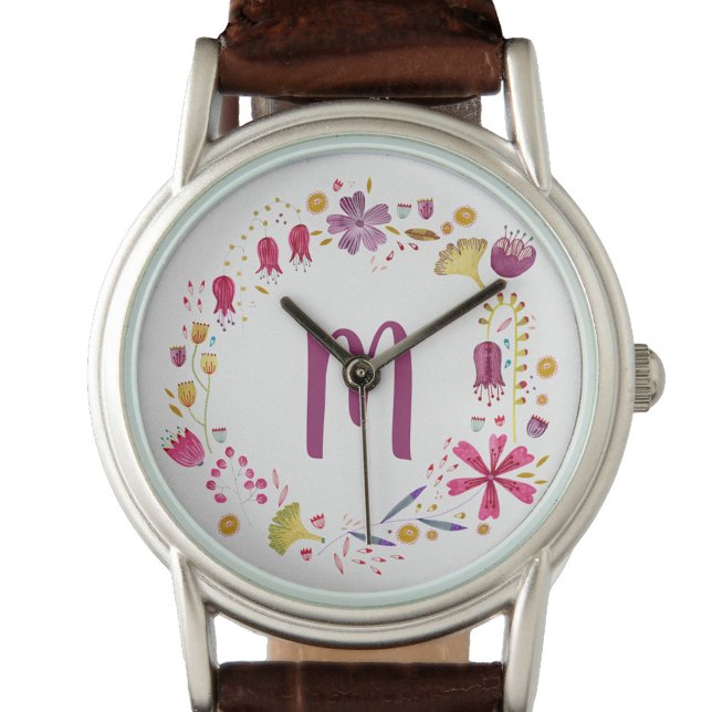 Moderne Waterverf najaar bloem monogram Horloge (Monogram floral wreath personalized initial watch)