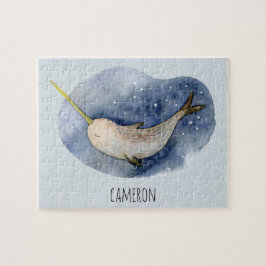 Moderne Waterverf Narwhal Blue Ocean Personalized Legpuzzel