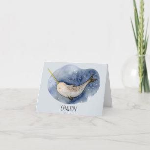 Moderne Waterverf Narwhal Blue Ocean Personalized Notitiekaartje