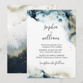 Moderne Waterverf Navy Blue & Gold bruiloft Kaart (Voorkant / Achterkant)