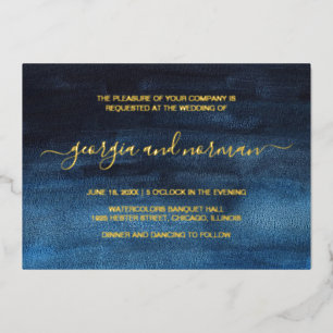 Moderne waterverf Navy Blue Trouwkaart Goud Folie Uitnodiging
