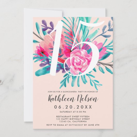 Moderne waterverf neon roze Quinceanera Kaart (Voorkant)