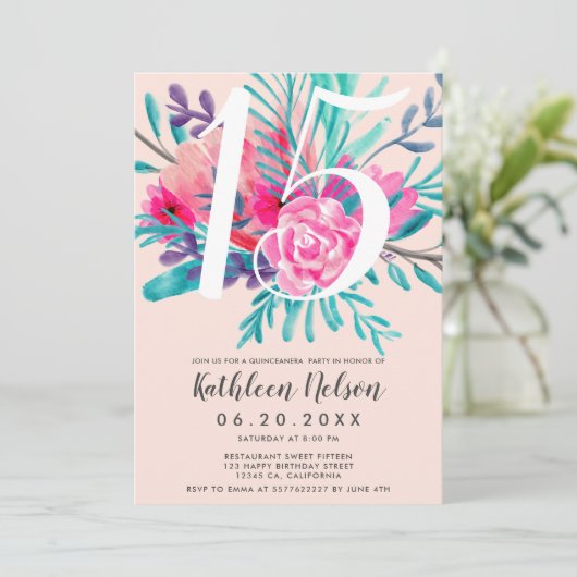 Moderne waterverf neon roze Quinceanera Kaart (Staand voorkant)