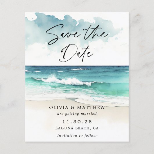Moderne Waterverf Ocean Beach Foto Save the Date Flyer (Voorkant)