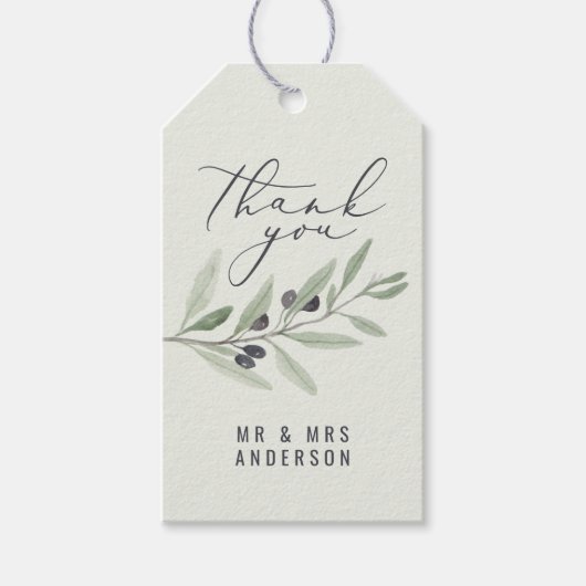 Moderne waterverf olijfbotanische bruiloft cadeaulabel (Voorkant)
