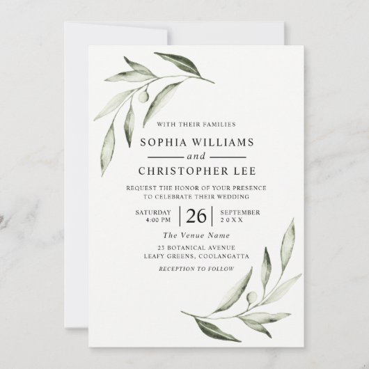 Moderne Waterverf Olive Green Leaf Wedding Kaart (Voorkant)