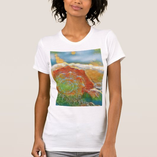 Moderne Waterverf Oranje en groene schelp T-shirt (Voorkant)