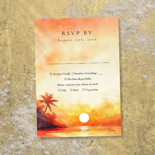 Moderne Waterverf Oranje strand Sunset bruiloft RSVP Kaartje