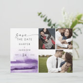 Moderne Waterverf | Paars 3 Foto-collage Save The Date (Staand voorkant)