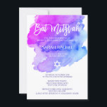 Moderne waterverf paars blauwe ster BAT MITZVAH Kaart<br><div class="desc">Mooie religieuze joodse Bat Mitzvah uitnodigingskaarten.  Licht waterverf pastelkleur paars,  violet,  blauw,  turquoise met davidster in het wit.  Moderne penseelstreek script letters. 'Wordt geroepen tot de TORAH als een Bar Mitzvah'. Perfect voor 12-jarige dochter,  meisje. Eenvoudig te bewerken - voeg gewoon uw informatie / tekst toe.</div>