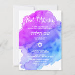 Moderne Waterverf Paars Blue Star BAT MITZVAH Inv Kaart<br><div class="desc">Mooie religieuze joodse bat Mitzvah-uitnodigingskaarten.  Licht waterverf pastel paars,  violet,  blauw,  turquoise met ster David in wit.  Moderne scriptletters. 'Wordt naar de TORAH geroepen als een Bar Mitzvah'. Perfect voor 12-jarige dochter,  meisje. Eenvoudig te bewerken - voeg alleen uw gegevens/tekst toe.</div>