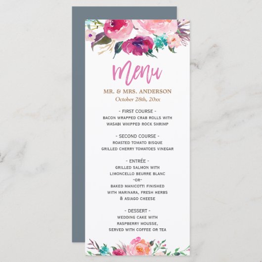 Moderne Waterverf Paars Roze Floral Wedding Menu (Voorkant / Achterkant)