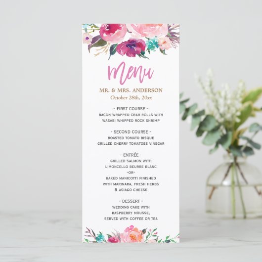 Moderne Waterverf Paars Roze Floral Wedding Menu (Staand voorkant)