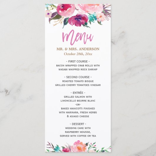 Moderne Waterverf Paars Roze Floral Wedding Menu (Voorkant)