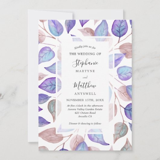 Moderne Waterverf Paarse Bladeren Foliage Bruiloft Kaart (Voorkant)