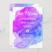 Moderne Waterverf Paarse Blauwe Sterren BAT MITZVA Kaart (Voorkant / Achterkant)