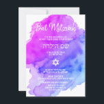 Moderne Waterverf Paarse Blauwe Sterren BAT MITZVA Kaart<br><div class="desc">Mooie religieuze joodse bat Mitzvah-uitnodigingskaarten. Licht waterverf pastel paars,  violet,  blauw,  turquoise met ster David in wit. Moderne scriptletters. 'Wordt naar de TORAH geroepen als een Bar Mitzvah'. Perfect voor 12-jarige dochter,  meisje. Eenvoudig te bewerken - voeg alleen uw gegevens/tekst toe.</div>
