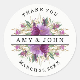 Moderne Waterverf Paarse Bloemen Bruiloft Sticker