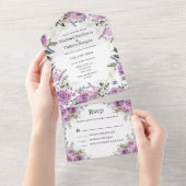 Moderne waterverf paarse bloemenbruiloft all in one uitnodiging (Afscheurbaar)