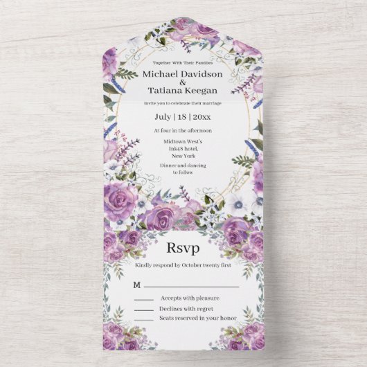 Moderne waterverf paarse bloemenbruiloft all in one uitnodiging (Binnen)