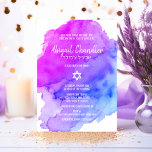 Moderne Waterverf Paarse Blue Star BAT MITZVAH Kaart<br><div class="desc">Mooie religieuze joodse bat Mitzvah-uitnodigingskaarten. Licht waterverf pastel paars,  violet,  blauw,  turquoise met ster David in wit. Moderne scriptletters. 'Wordt naar de TORAH geroepen als een Bar Mitzvah'. Perfect voor 12-jarige dochter,  meisje. Eenvoudig te bewerken - voeg alleen uw gegevens/tekst toe.</div>