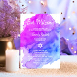 Moderne Waterverf Paarse Blue Star BAT MITZVAH Kaart<br><div class="desc">Mooie religieuze joodse bat Mitzvah-uitnodigingskaarten. Licht waterverf pastel paars,  violet,  blauw,  turquoise met ster David in wit. Moderne scriptletters. 'Wordt naar de TORAH geroepen als een Bar Mitzvah'. Perfect voor 12-jarige dochter,  meisje. Eenvoudig te bewerken - voeg alleen uw gegevens/tekst toe.</div>