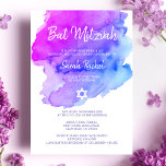 Moderne Waterverf Paarse Blue Star BAT MITZVAH Kaart<br><div class="desc">Mooie religieuze joodse bat Mitzvah-uitnodigingskaarten. Licht waterverf pastel paars,  violet,  blauw,  turquoise met ster David in wit. Moderne scriptletters. 'Wordt naar de TORAH geroepen als een Bar Mitzvah'. Perfect voor 12-jarige dochter,  meisje. Eenvoudig te bewerken - voeg alleen uw gegevens/tekst toe.</div>