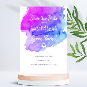 Moderne Waterverf Paarse Blue Star BAT MITZVAH Save The Date