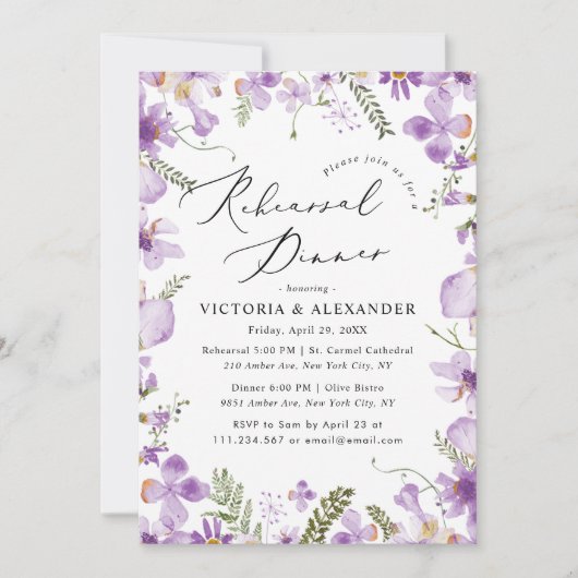 Moderne Waterverf Paarse bruiloft repetitie diner Kaart (Voorkant)
