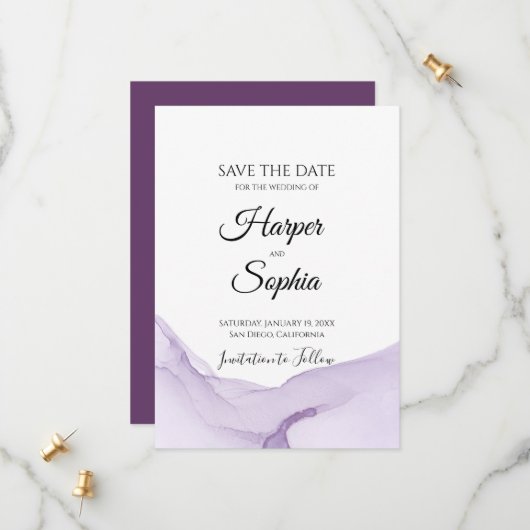 Moderne Waterverf Paarse bruiloft Save The Date (Voorkant / Achterkant in situ)