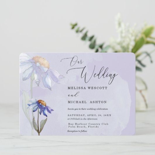 Moderne Waterverf Paarse Gerbera Daisy bruiloft Kaart (Staand voorkant)