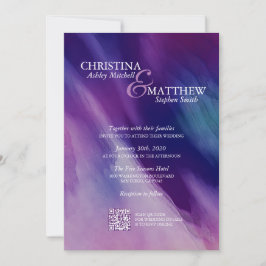 Moderne Waterverf Paarse marineblauw bruiloft QR-c Kaart