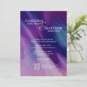 Moderne Waterverf Paarse marineblauw bruiloft QR-c Kaart (Staand voorkant)