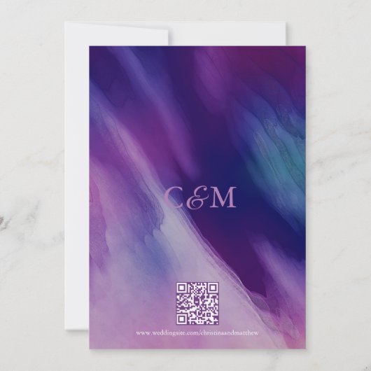 Moderne Waterverf Paarse marineblauw bruiloft QR-c Kaart (Achterkant)