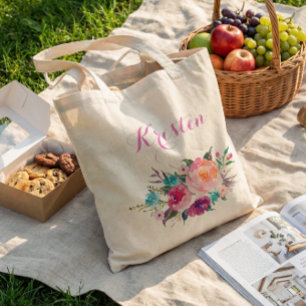 Moderne Waterverf Paarse Roze Bloemige Bruidsmeisj Tote Bag