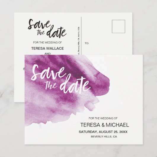 Moderne Waterverf Paarse Splash Save the Date Post Aankondigingskaart (Voorkant / Achterkant)