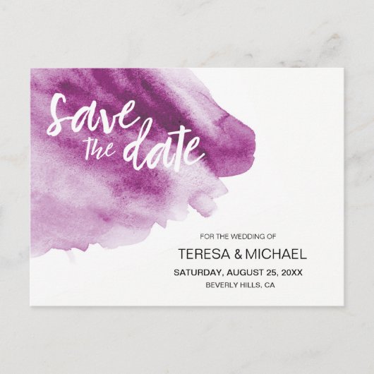 Moderne Waterverf Paarse Splash Save the Date Post Aankondigingskaart (Voorkant)