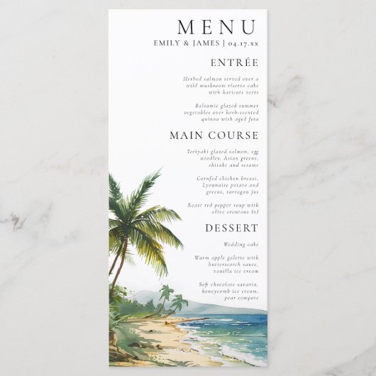 Moderne Waterverf Palm Beach Bruiloft Menu (Voorkant)
