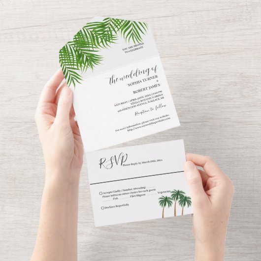 Moderne Waterverf palm Tree Wedding All In One Uitnodiging (Afscheurbaar)